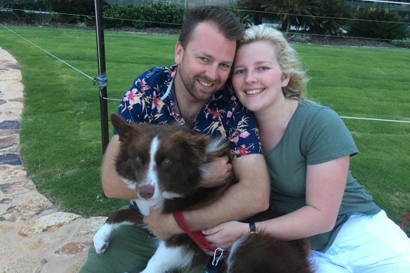 Owners of Archer Brewing, Stuart and Lucy Martin, with Archer.