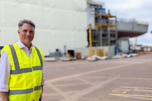 Defence Minister Richard Marles visiting BAE’s Govan shipyards in Glasgow, Scotland on Wednesday, August 21, 2022 where the first of the Type 26 frigate is being built.