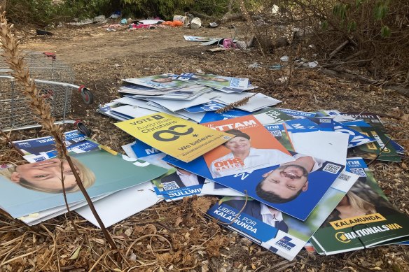Hundreds of election signs from conservative leaning parties were found dumped off Great Eastern Highway in Greenmount this week.