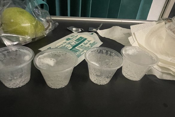 We ran out of drinking cups, so our medication was put in tiny cups.