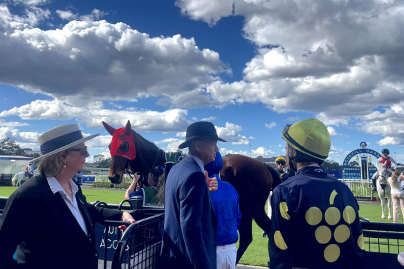 Owners, trainers and jockeys trackside at Rosehill Gardens racecourse.