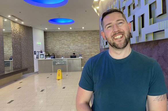 English tourist Michael Watson in the now-dry foyer of Oaks Casino Tower Suites.