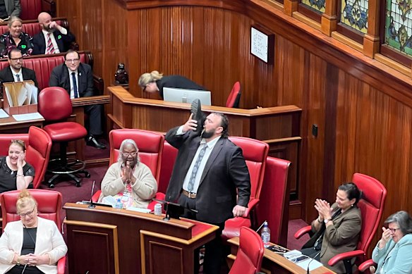 Retiring WA Labor Upper House MP Kyle McGinn doing a shoey on his last day in parliament.