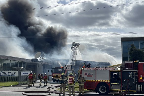 Firefighters battle a factory fire in Cheltenham.