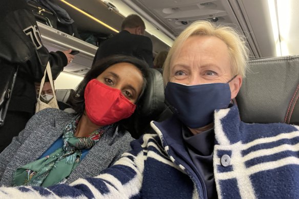 Former member for Higgins Katie Allen (right) and current member Michelle Ananda-Rajah, were seated together on their flight to Canberra.