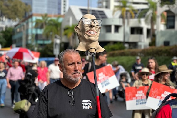 An effigy of Peter Dutton’s head on a stick at the Queensland Labour Day march on Monday, May 5, 2025. Pic credit: Cameron Atfield