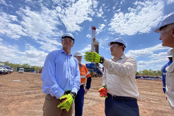 Federal Energy Minister Angus Taylor at a development in the Beetaloo basin in the Northern Territory. 