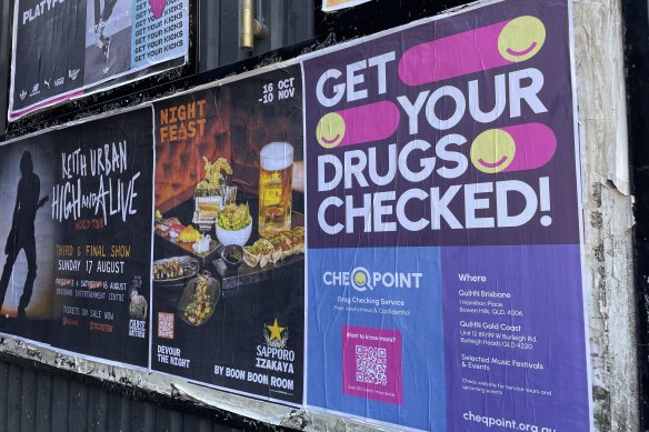 Posters for Brisbane’s first permanent pill-testing site, CheQpoint, in Fortitude Valley. 