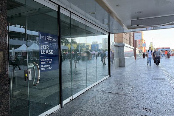 A vacant shopfront at the upper end of Queen Street Mall, near George Street.