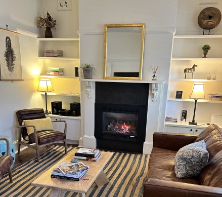 A gas fireplace warms Cottage79 beautifully.