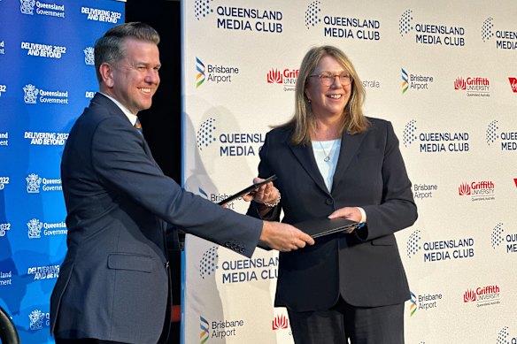 Deputy Premier Jarrod Bleijie and federal Infrastructure Minister Catherine King at the Queensland Media Club in Brisbane on Thursday.