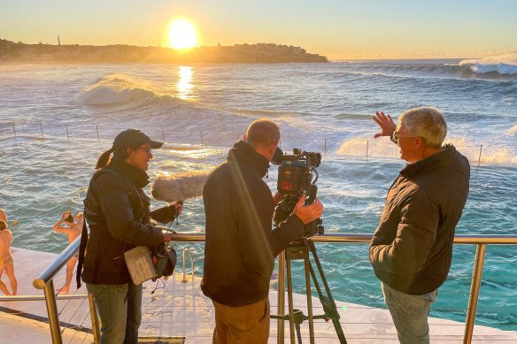 Ian Darling (right) directing The Pool’s 12-month, entirely outdoors shoot.