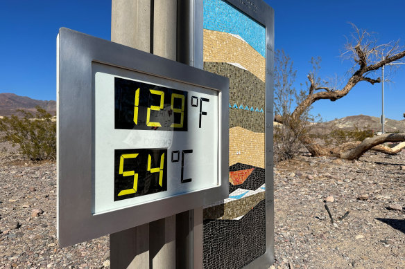 A digital sign displays the high temperature in Death Valley, California on Saturday.