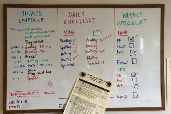 Nadia DiBlasi, a high school teacher, has created this whiteboard for her two primary school kids.