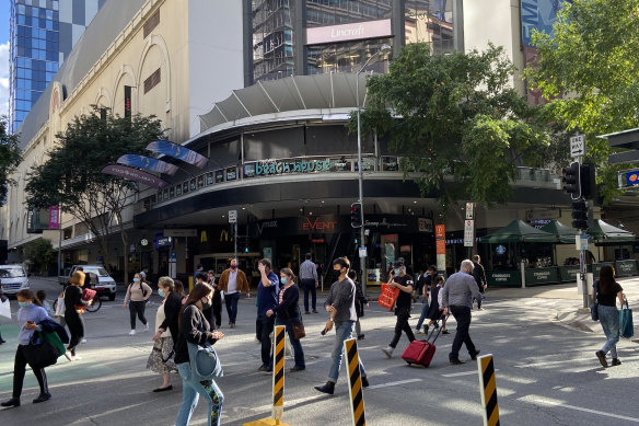 The corner of Albert and Elizabeth streets in Brisbane’s CBD. An infectious case visited multiple sites in the vicinity recently.