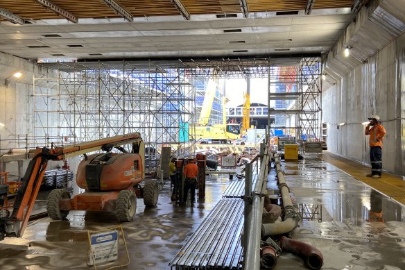 Cross River Rail’s Boggo Road station, where trains will run either side of platforms built up from the lower central section of the tunnels. Here reinforcing steel weighing twice as much as the Eiffel Tower has been used.