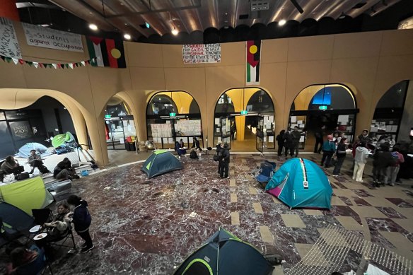 The protesters’ encampment at a University of Melbourne arts building last night.