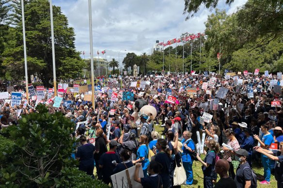 WA nurses march on government offices at Dumas House in Perth. 