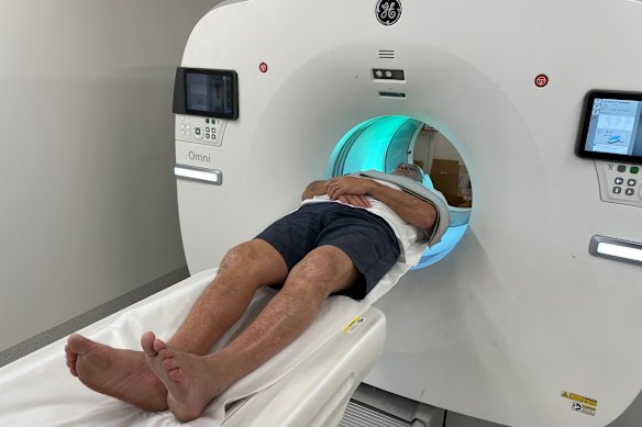 Yeates undergoing a PET scan to determine his eligibility for a drug trial.