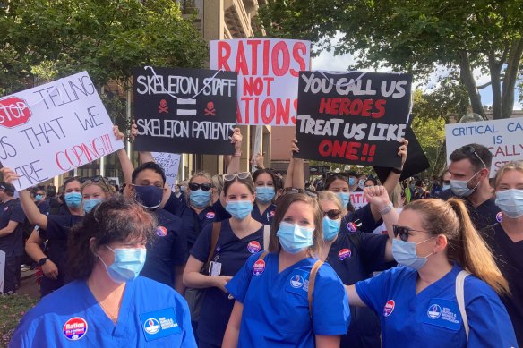 Nurses protesting in Queen’s Square before marching up to NSW Parliament today. 