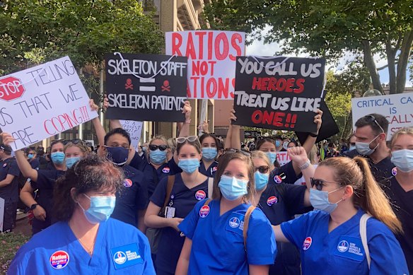 Nurses protesting in Queen’s Square before marching up to NSW Parliament today. 