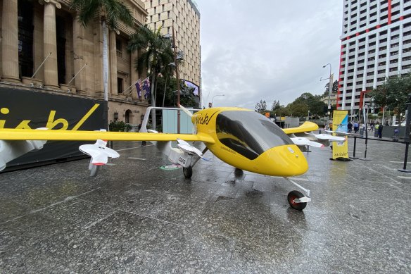 A prototype of the self-flying taxi that Wisk hopes to operate over Greater Brisbane by 2032. This version lands and takes off vertically using 12 aero-props.