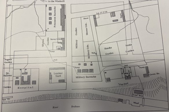 Surveyor Robert Dixon’s plan of Brisbane in March 1840 shows the original hospital between what became North Quay and George Street. 