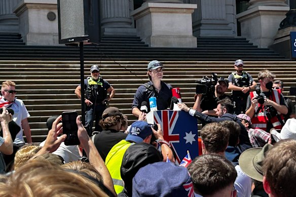 Speaker Hugo Lennon at the March for Australia rally on the steps of Parliament.