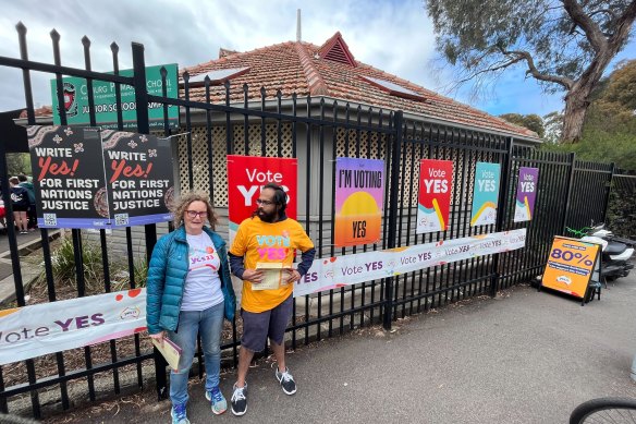 Yes volunteers outside a polling station in Melbourne’s northern suburbs.