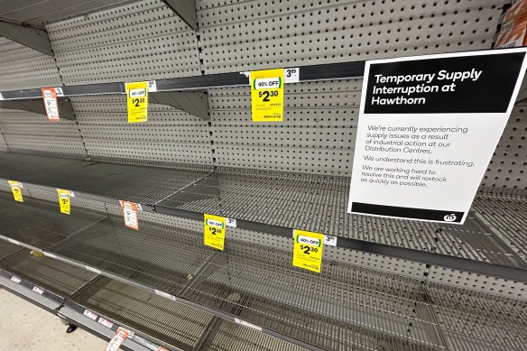 Bare shelves in a Woolworths store in Hawthorn on Saturday night.