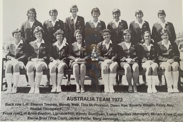 The inaugural World Cup team. Pictured are: Sharon Tredrea, Wendy Weir, Tina Macpherson, Dawn Rae, Beverley Wilson, Patsy May, Raelee Thompson, Anne Gordon, Lorraine Hill, Wendy Blunsden, team manager Lorna Thomas, captain Miriam Knee, vice captain Elaine Bray, Jackie Potter, and Marg Jennings.