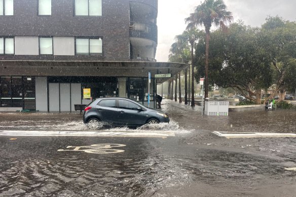 Bondi’s streets were inundated after storms lashed the city.