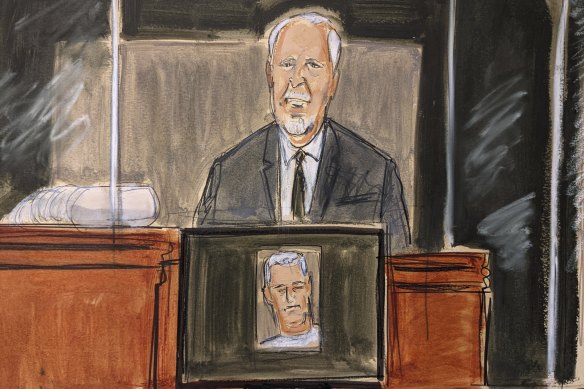 A courtroom sketch of pilot Lawrence Paul Visoski jnr giving evidence during Ghislaine Maxwell’s trial in New York on Tuesday.