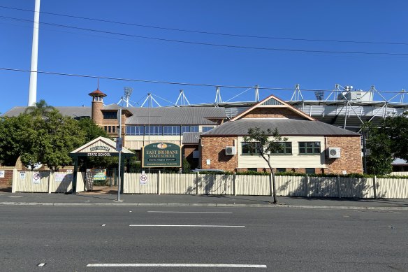 The Gabba looms over East Brisbane State School, at the intersection of Wellington Road and Vulture Street in Woolloongabba.