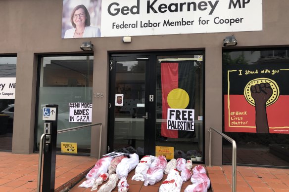 Fake corpses placed outside the office Victorian Labor MP Ged Kearney this week by pro-Palestinian activists.