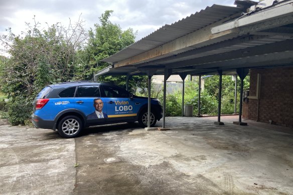 A campaign car for Vivian Lobo outside the Everton Park home he registered as his address but has not been living at.