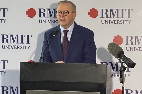 Prime Minister Anthony Albanese speaking at RMIT’s Hanoi campus.