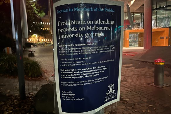 A Melbourne University poster that states members of the public are prohibited from attending protests on university grounds.