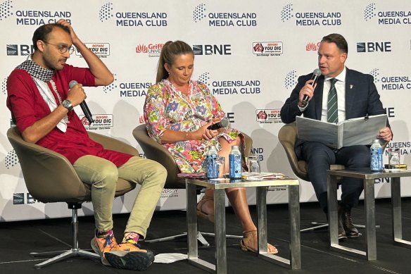 Jo<em></em>nathan Sriranganathan (Greens), Tracey Price (Labor) and Adrian Schrinner (LNP) making their pitches to Brisbane’s 850,000 voters at last week’s candidates’ debate.