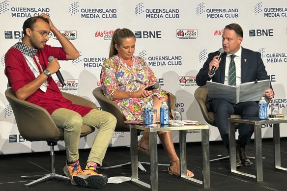 Jonathan Sriranganathan (Greens), Tracey Price (Labor) and Adrian Schrinner (LNP) making their pitches to Brisbane’s 850,000 voters at last week’s candidates’ debate.