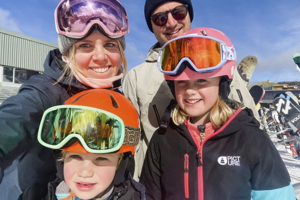 Christie and Matt Hampton with kids Jack and Ashleigh skiing at Perisher.