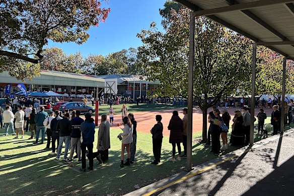 A queue of voters at North Melbourne Primary School just after 10am on Saturday.