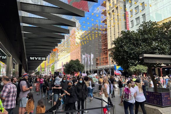 Families queue to view the Myer Christmas  windows in Bourke St while protesters march in the backround.