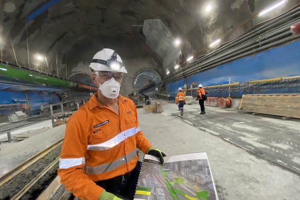 Cross River Rail Delivery Authority chief executive Graeme Newton stands on the 220-metre-long Roma Street Station, which is 27 metres beneath the old Roma Street Station.