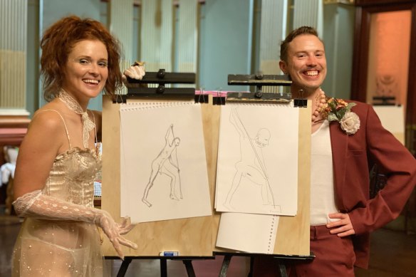 Patrick Lenton and his ball partner Shalane Connors tried their hands at life drawing. 