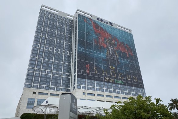 San Diego’s Hilton Bayfront is “wrapped” in a billboard promoting the upcoming FX series Shōgun during San Diego Comic-Con.