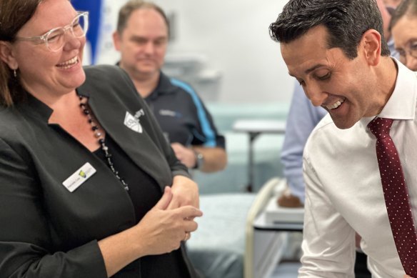 LNP leader David Crisafulli with Rochelle Cole, head of simulation at Central Queensland University’s school of nursing, midwifery and social sciences, in Rockhampton.