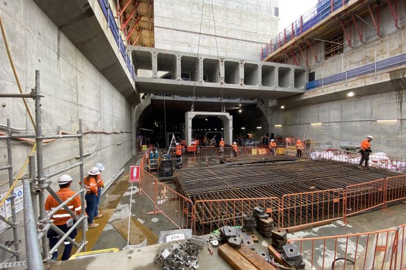 Boggo Road’s Cross River Rail station under construction in February 2023.