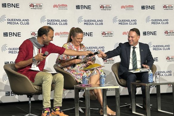 Smiling lord mayoral candidates at the Queensland Media Club debate event on Thursday.