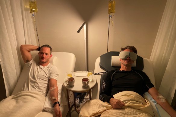 Todd Sampson (right) gets an IV drip with Tim Gurner at Melbourne wellness club Saint Haven in Mirror Mirror: Are You Well?